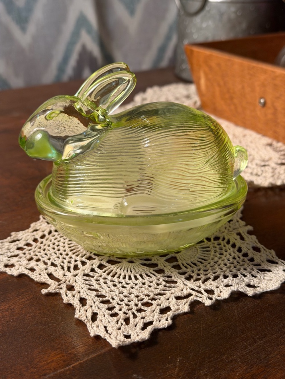 Green Glass Bunny on Nest